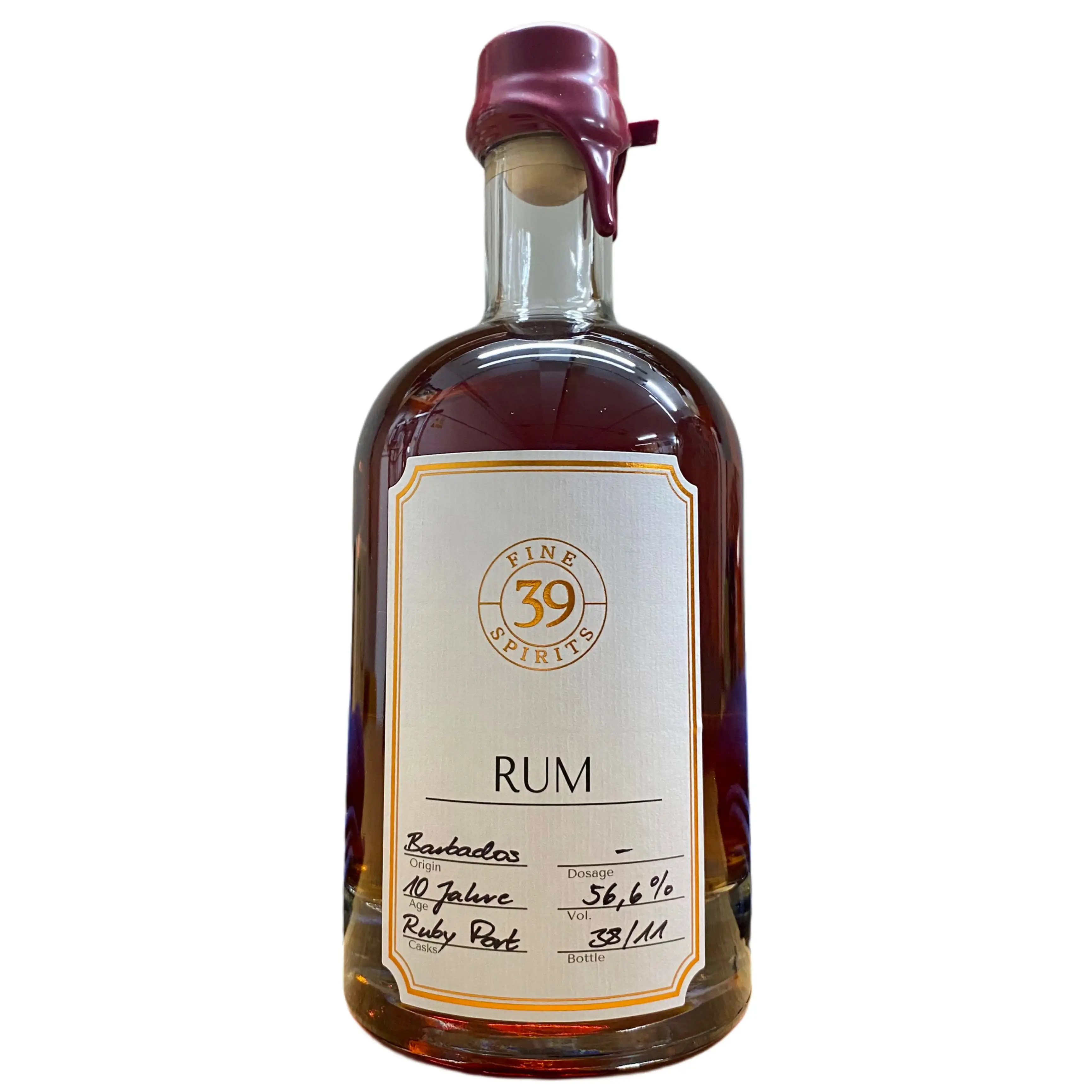 Bottle of 39 Fine Spirits Barbados 10J. Rum Ruby Port Cask