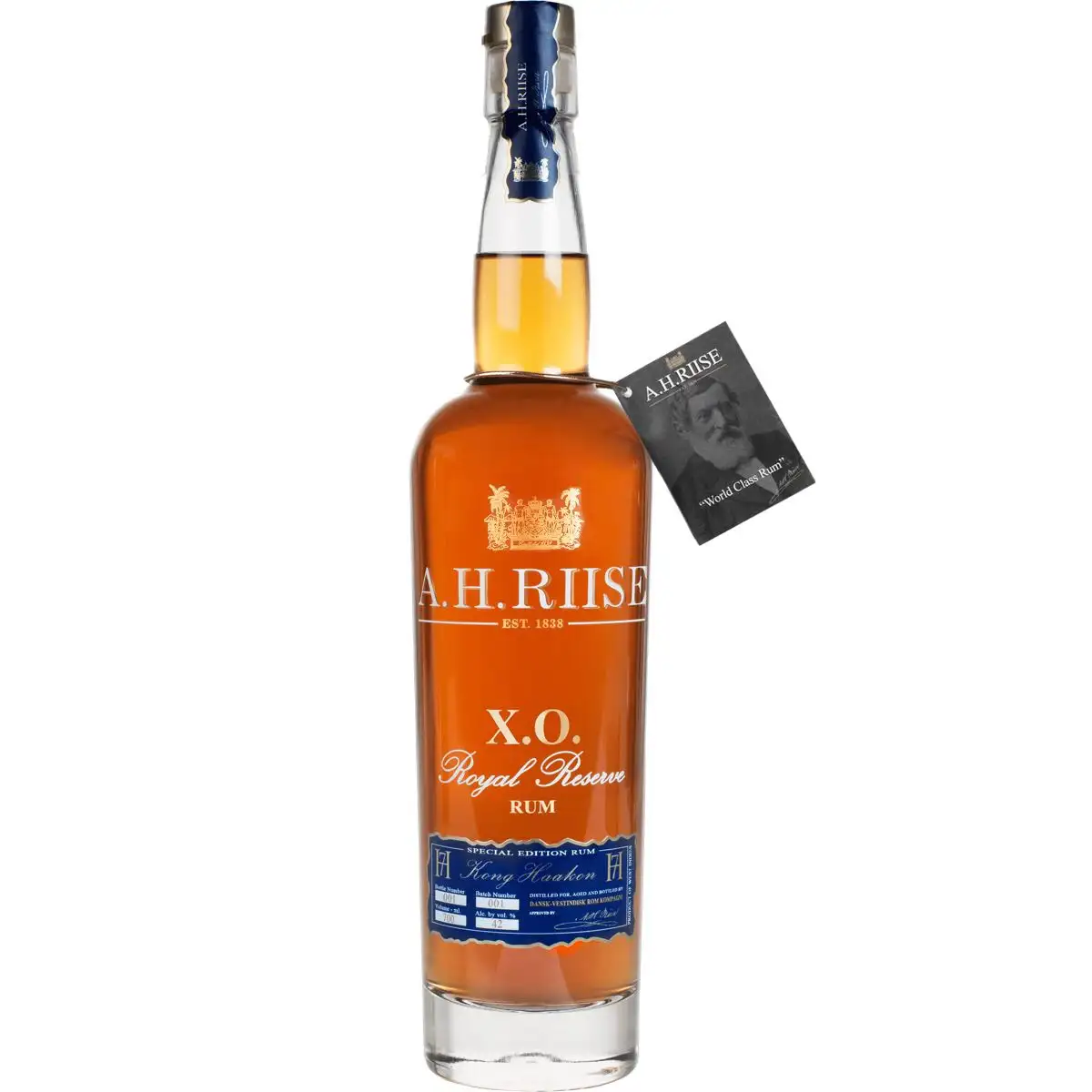 Bottle of A.H. Riise XO Kong Haakon Royal Reserve