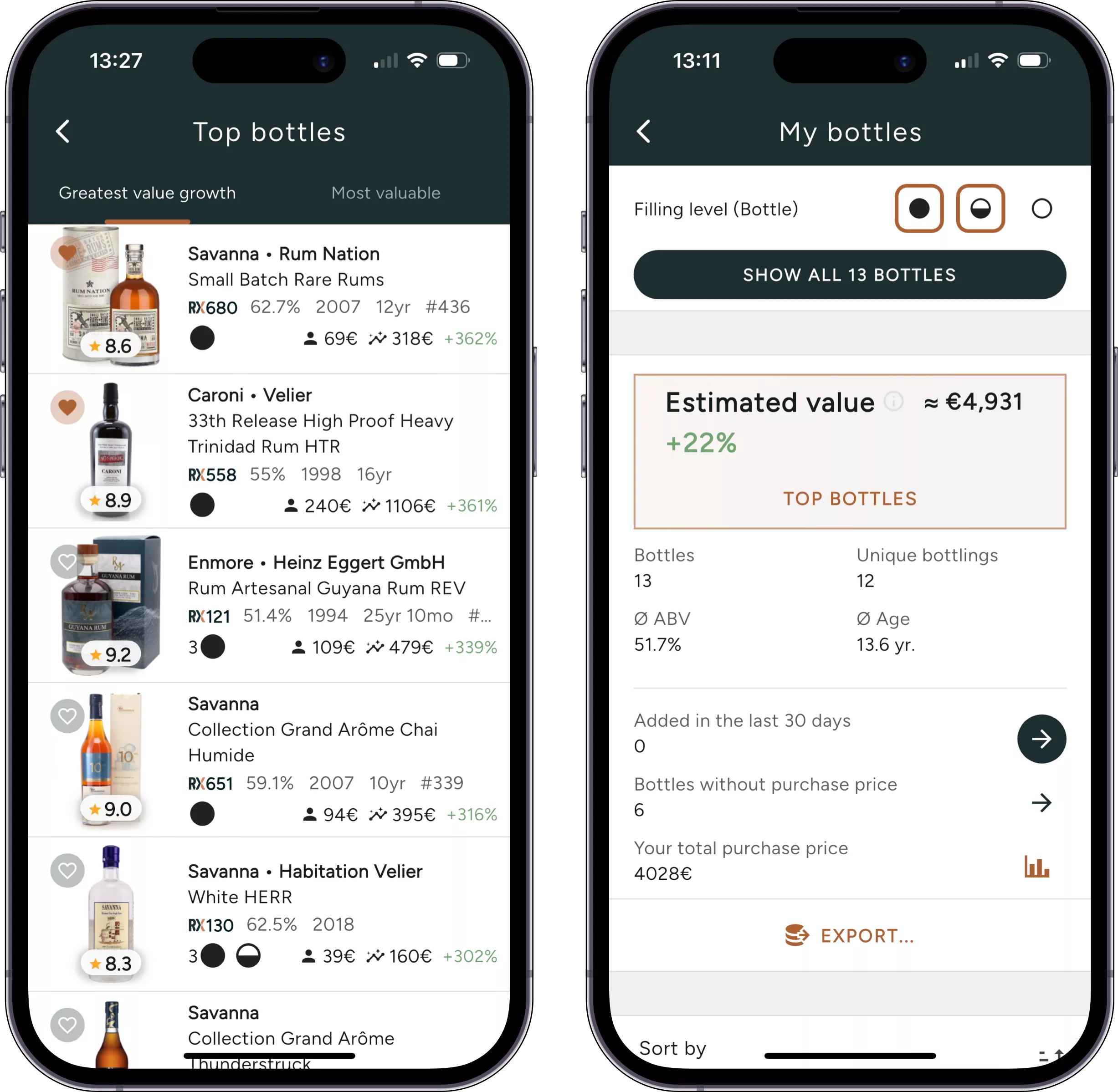 Screenshot of the collection statistics screen in the iOS app
