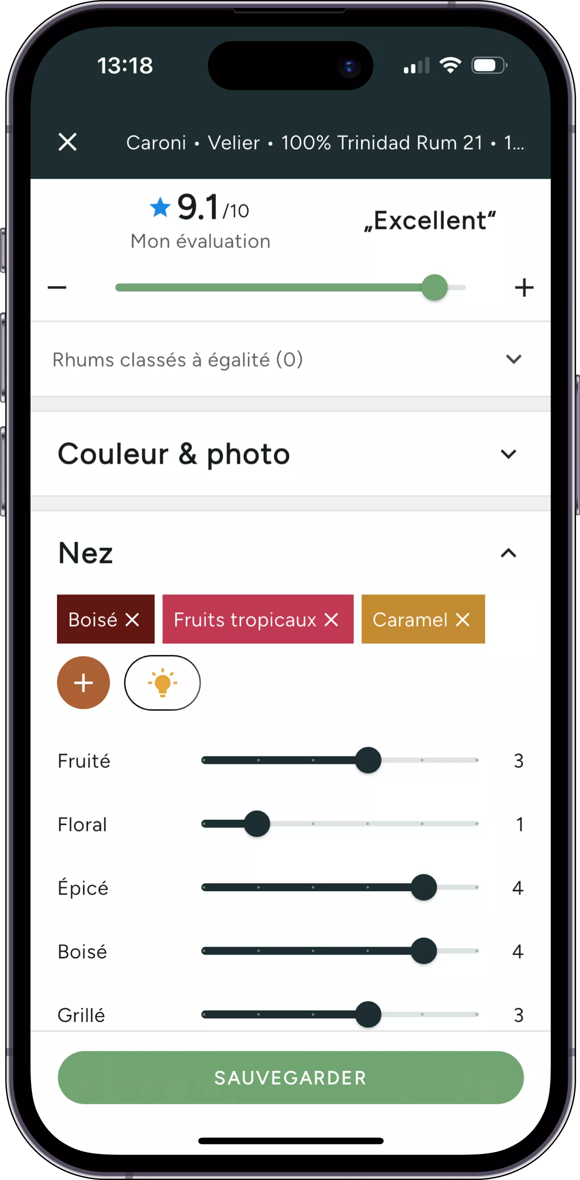 Capture d'écran : Saisie d'une note de dégustation dans l'application iOS.