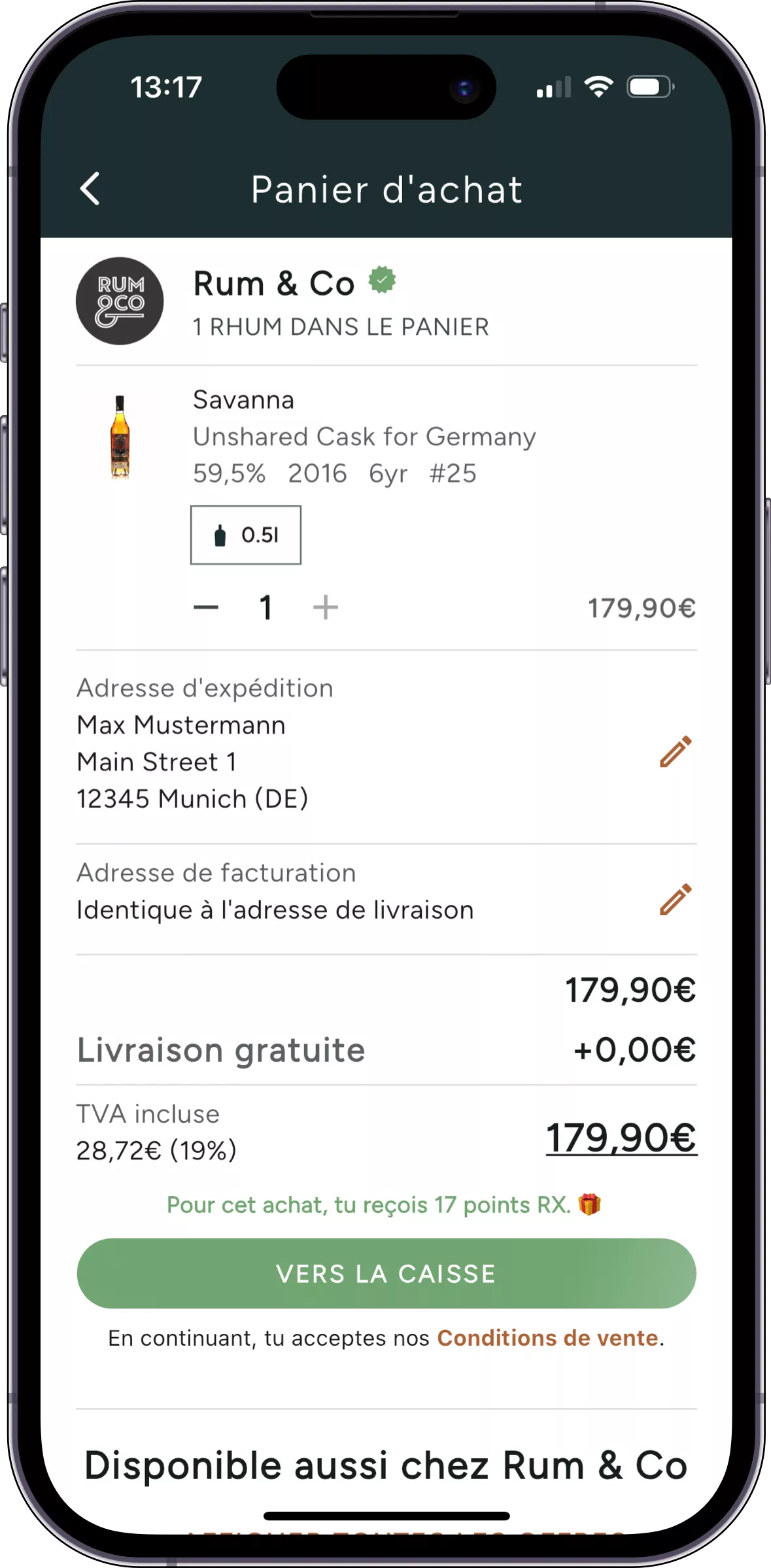 Capture d'écran : Achète des rhums en toute commodité directement dans l'appli RumX.